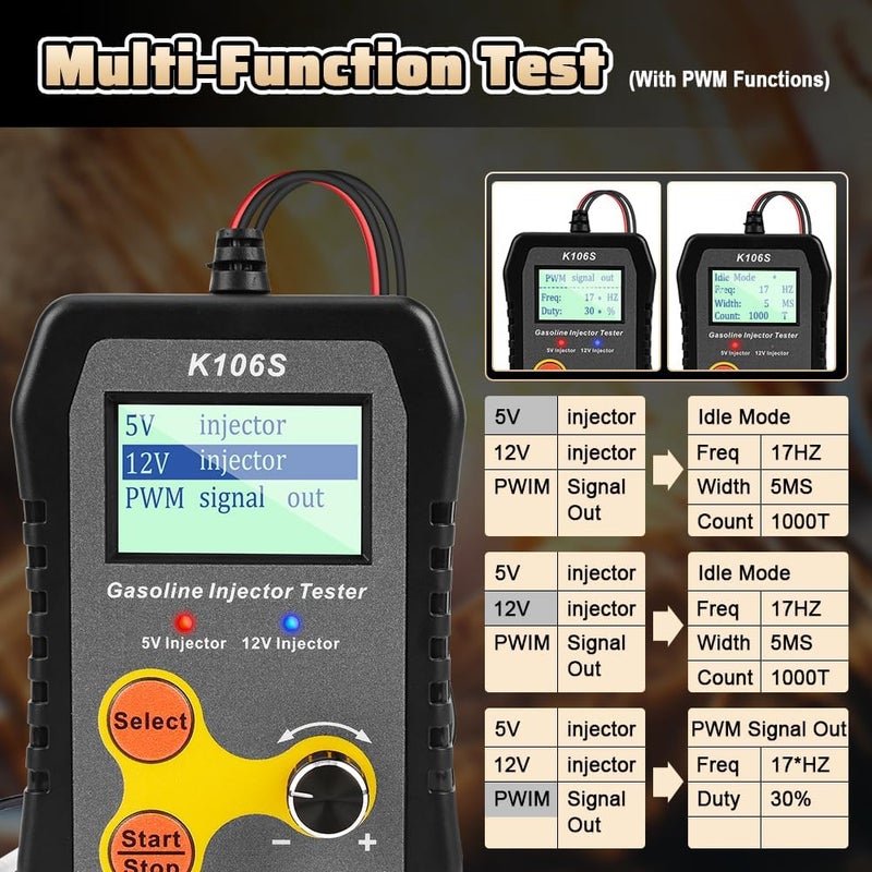 Kawish Universal Fuel Injector Tester and Cleaner Tool, DIY Cleaning Tool Kit for PWM, Adjustable Pulse Width Freq & Count, Two Injectors Test Simultaneously with 5 Modes, 6 Size Cleaning Adapters - Image 5